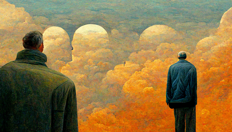 man seeing the world from behind the head of another man to behold same view and perspective