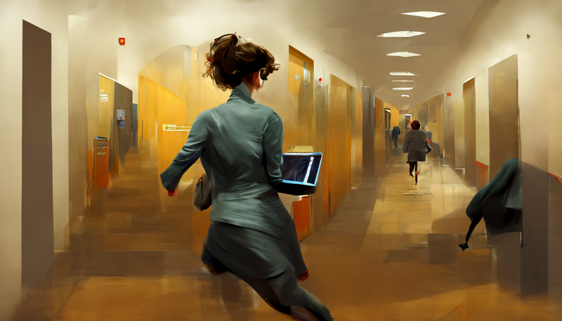 woman running with laptop in a busy hallway realistic office