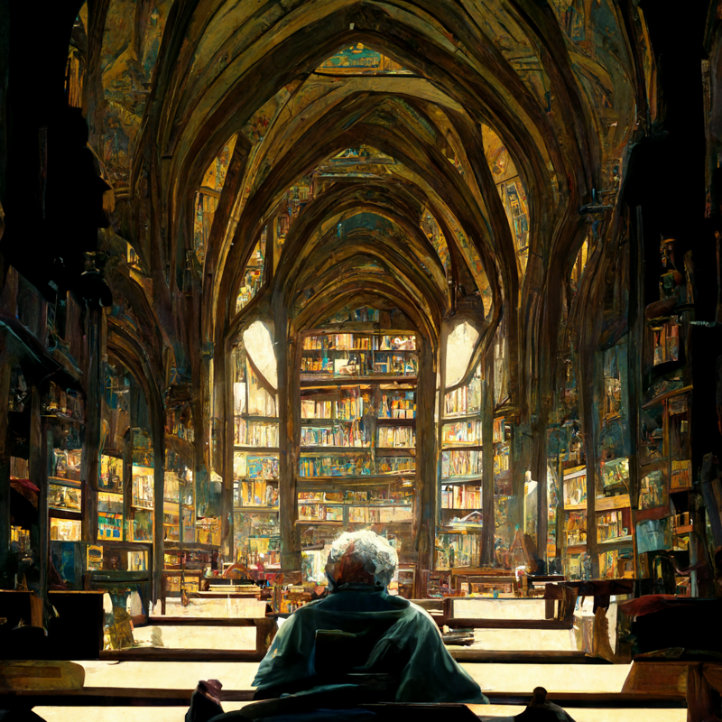 old person learning student studying in great library cathedral ceiling