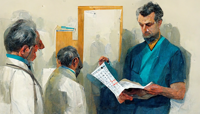 doctor looking at results clipboard chart to interpret results while other smaller doctors look toward him and learn in exam room realistic