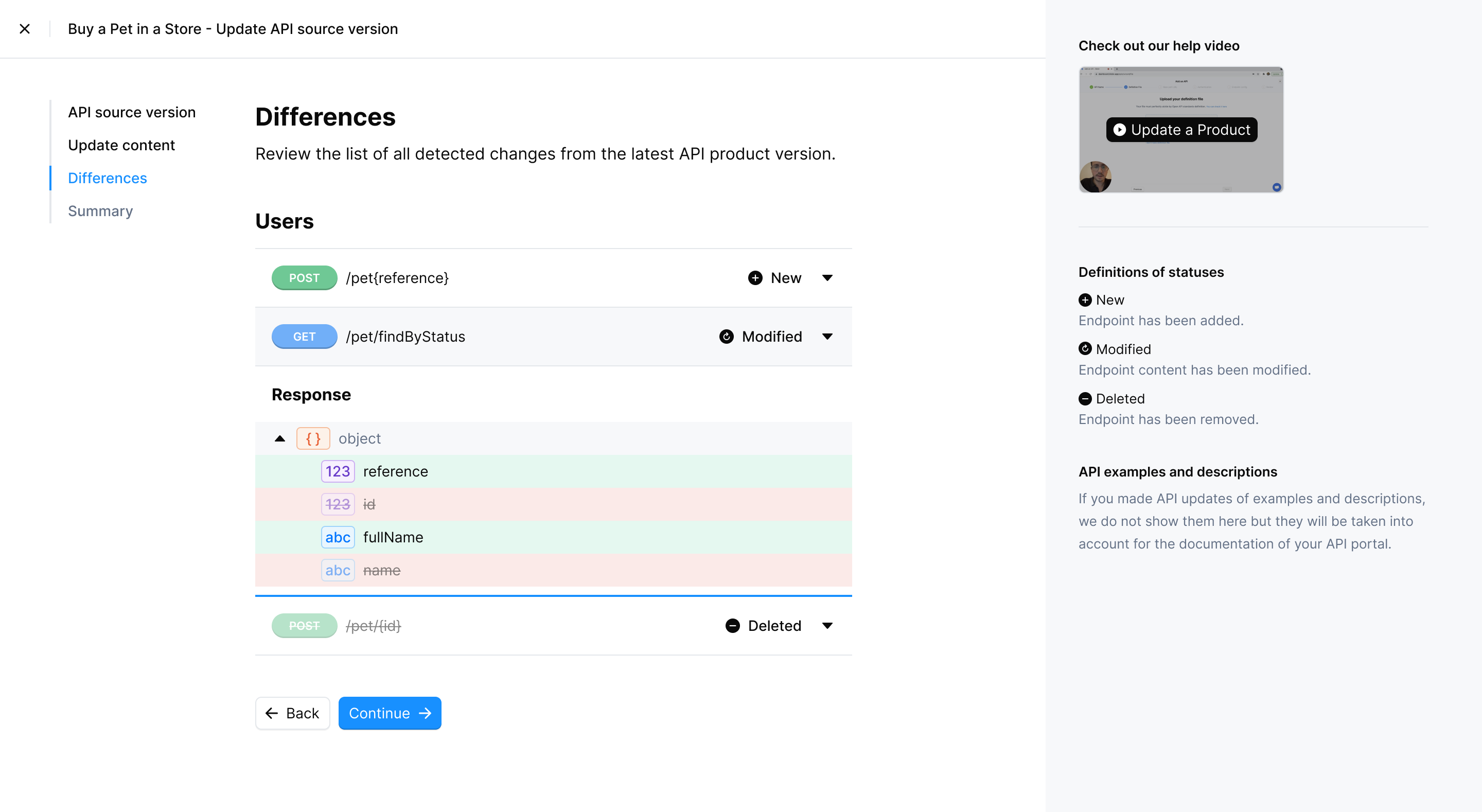 Product update showing differences