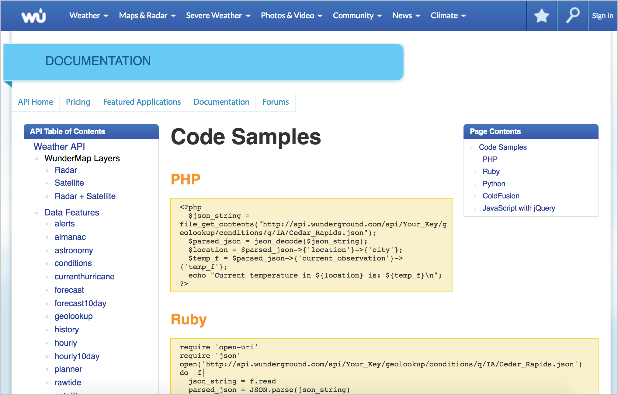 Weather Underground code samples