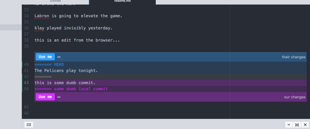 How Atom highlights conflicting commit messages