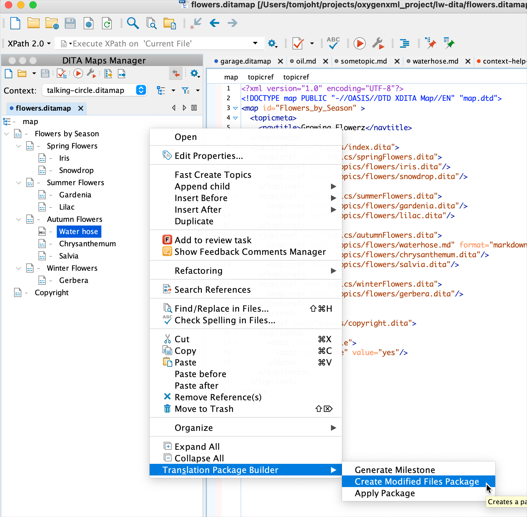 Translation Manager contextual menu in Oxygen XML