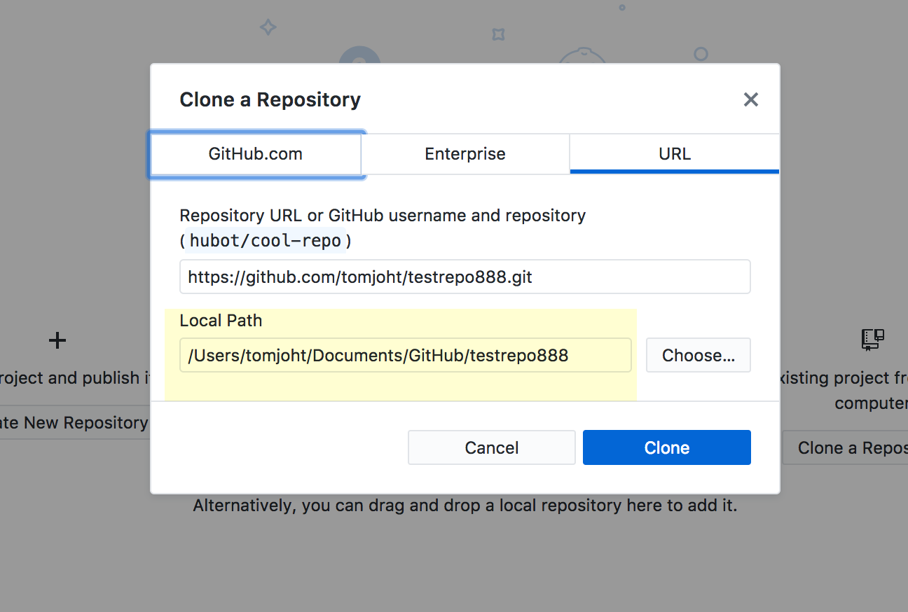 Selecting paths for the repo in GitHub Desktop