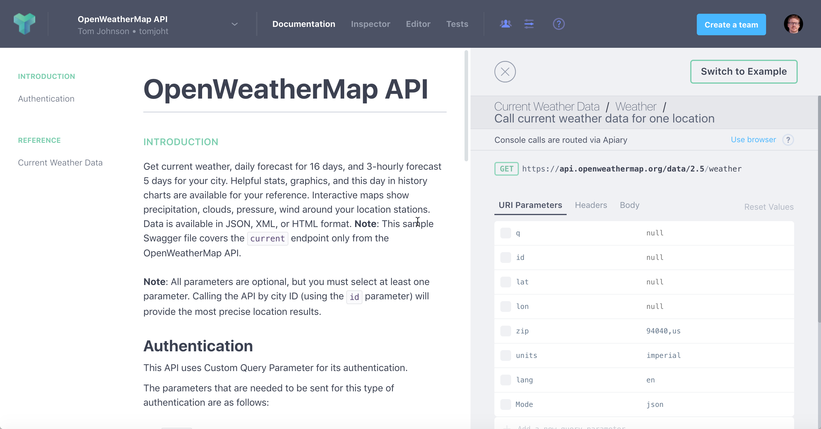 Previewing the documentation for the OpenWeatherMap API definition in Apiary