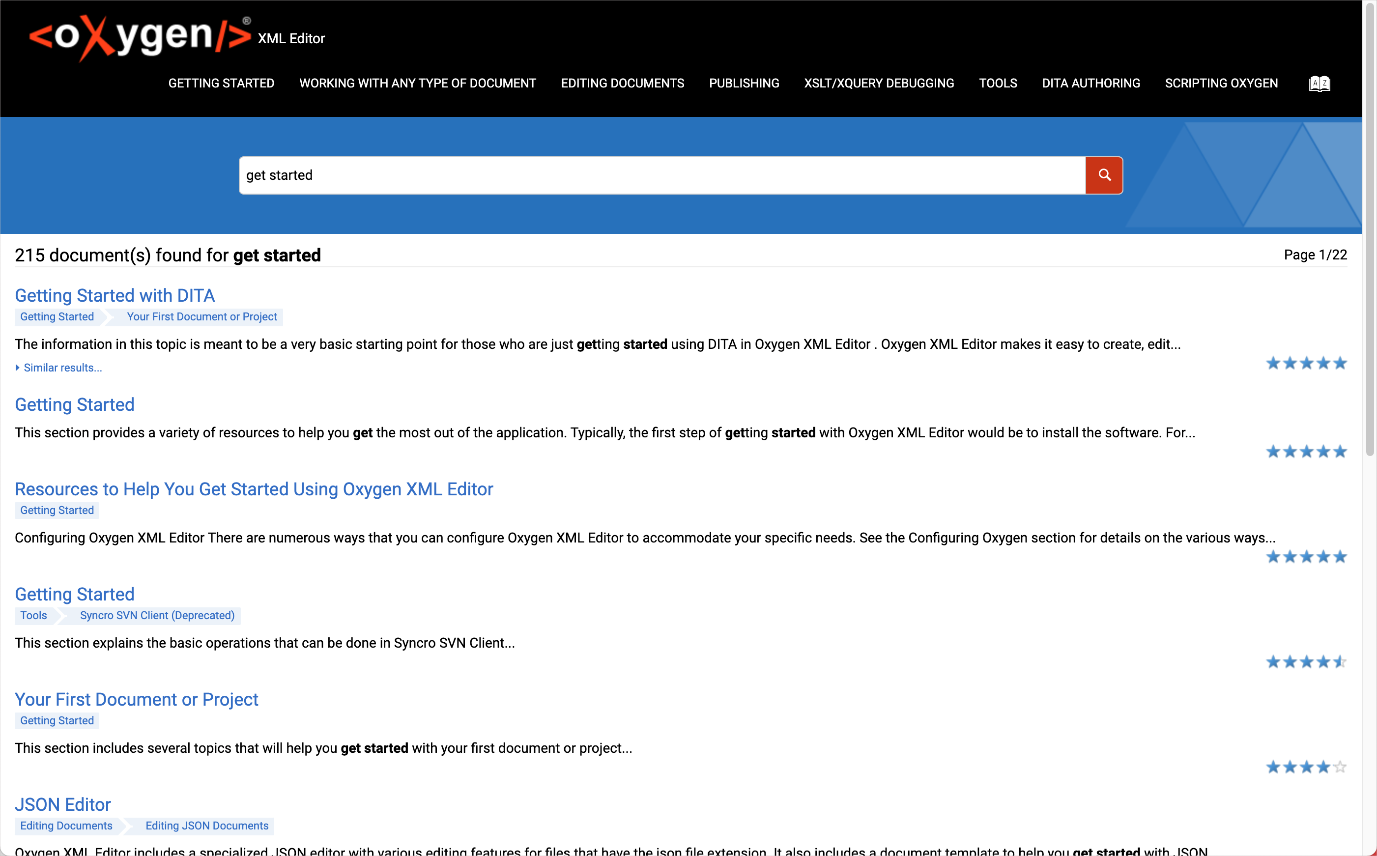 Oxygen XML search results include breadcrumbs to show the context of each entry