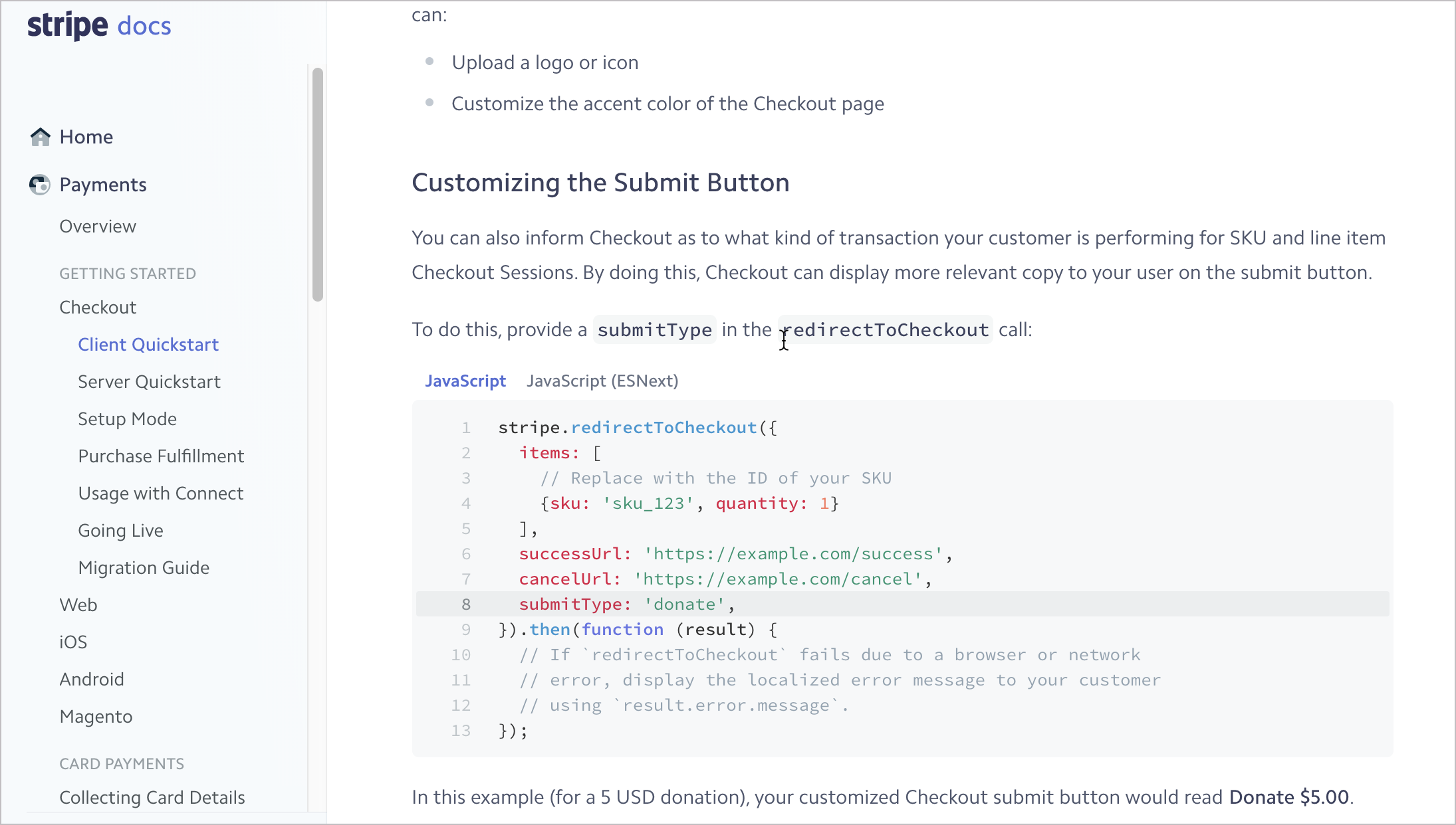 Stripe code example