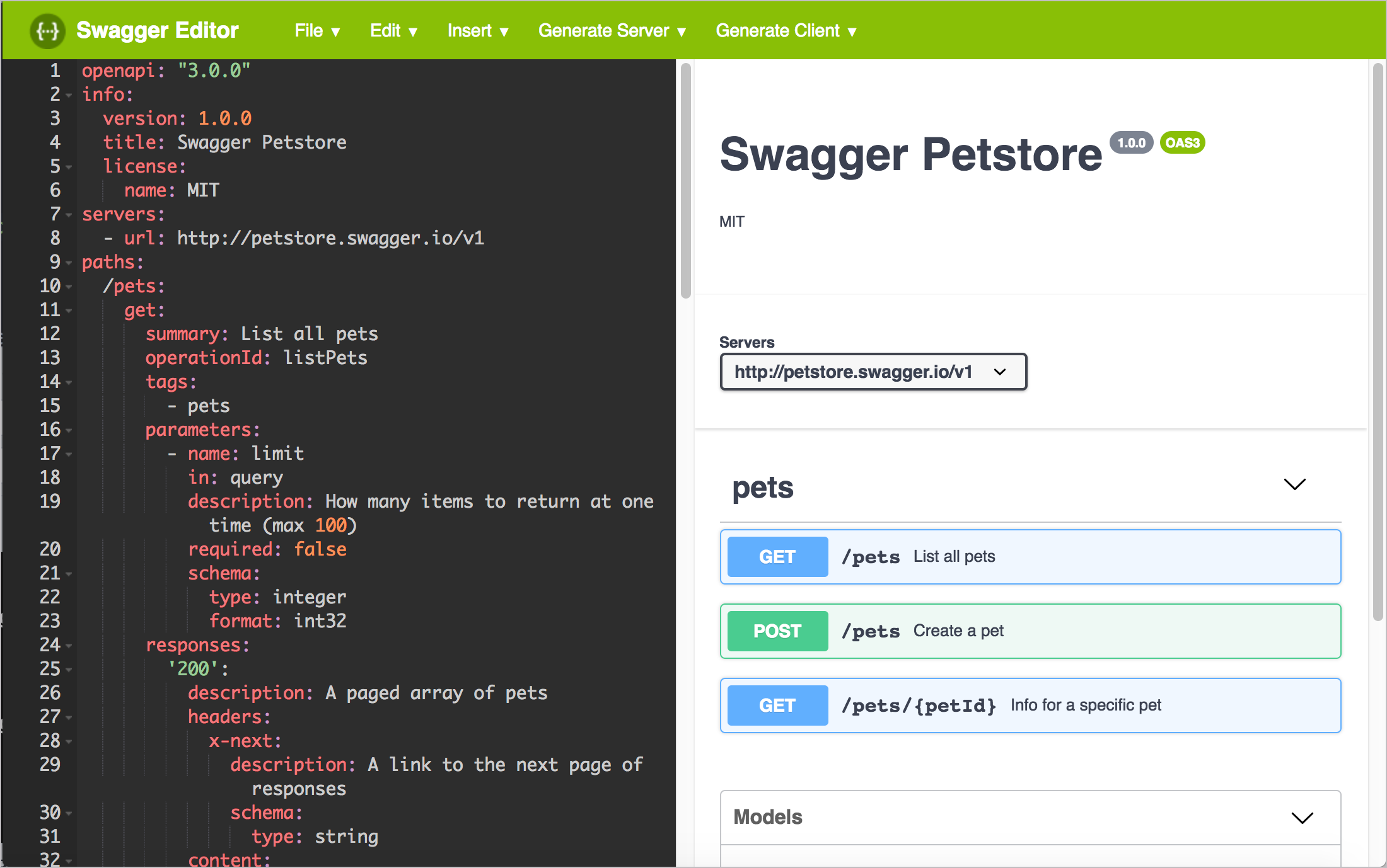 The Swagger Editor validates your specification content dynamically and shows you the display on the right