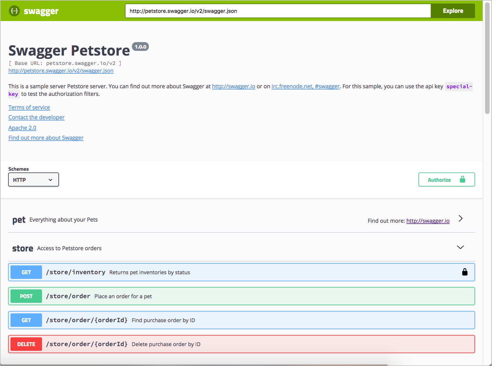 The Swagger Petstore demo shows how Swagger UI renders the OpenAPI spec