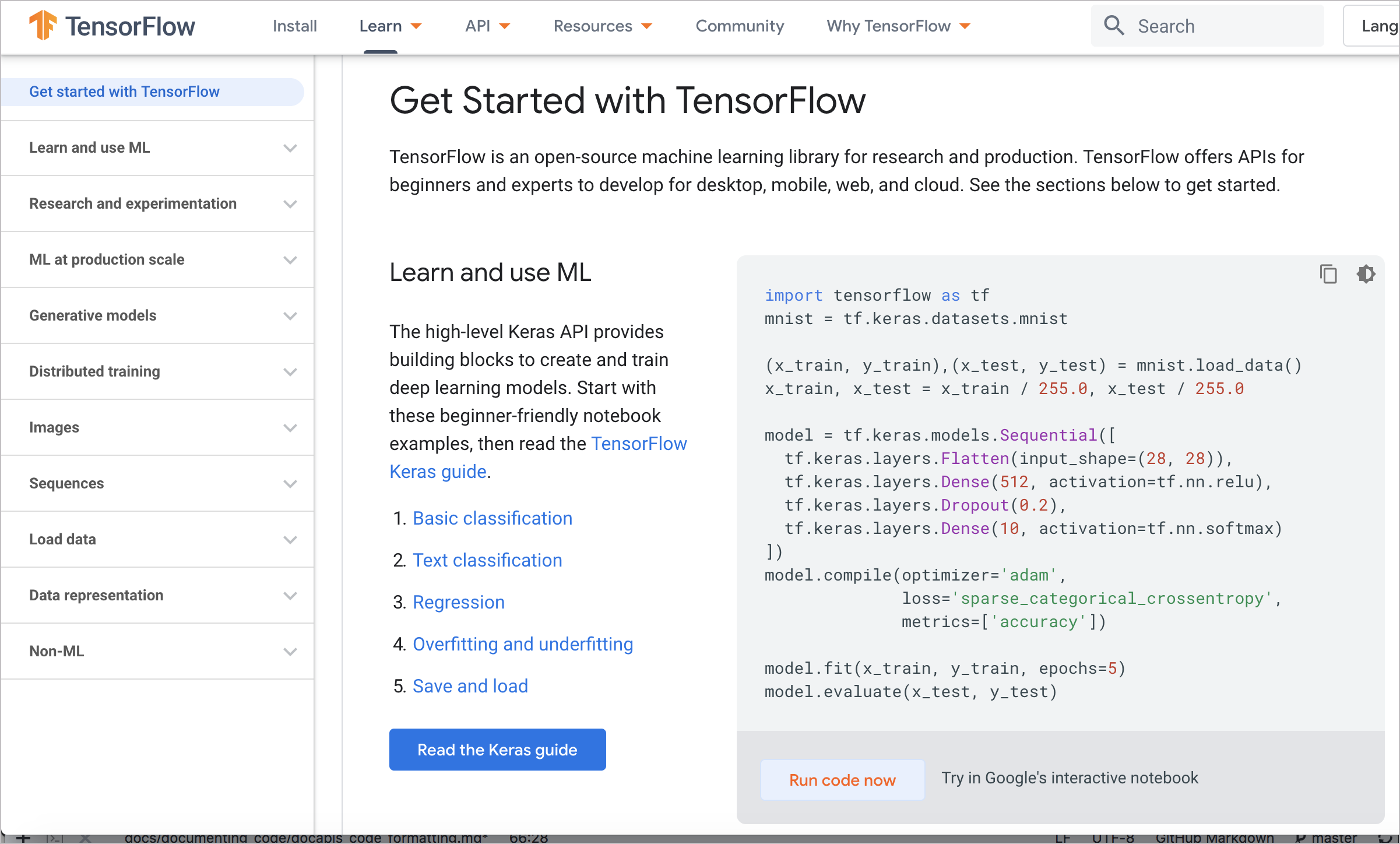 Interactive code examples from TensorFlow