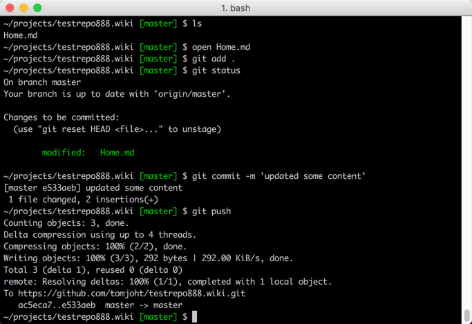 Terminal window with git commands