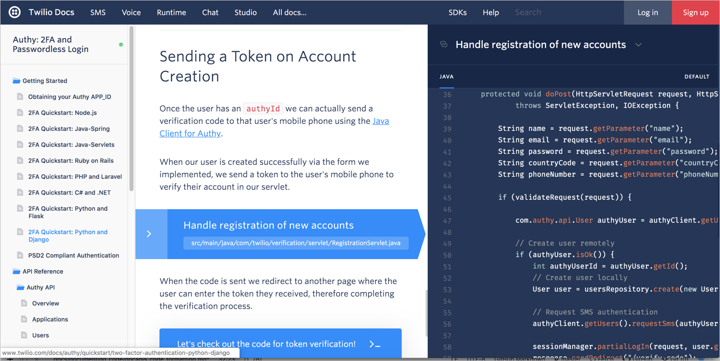 Twilio documentation juxtaposed with the code through a third column