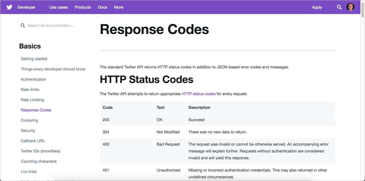 Twitter's status and error codes