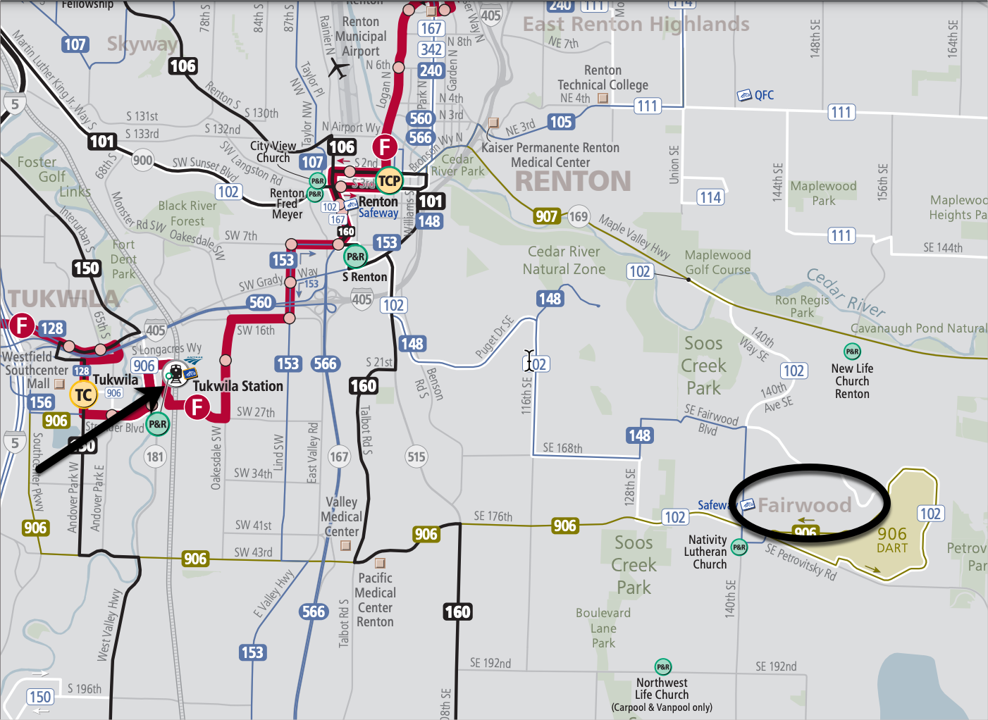 Bus lines in southeast King county