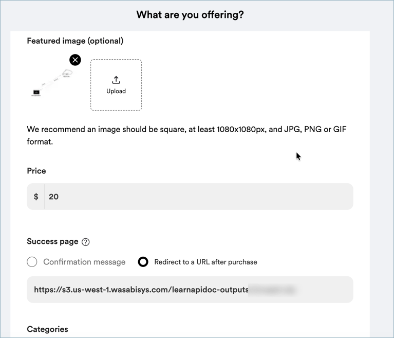 Buy Me a Coffee product settings with the success page set to redirect to the zip file URL