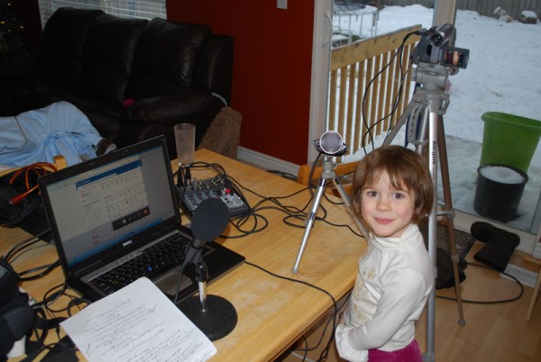 New setup -- two mics, each on stands, hooked into the mixer/laptop, not the camcorder