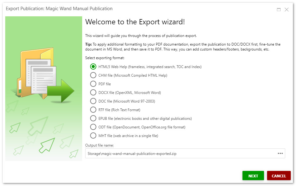 Export wizard