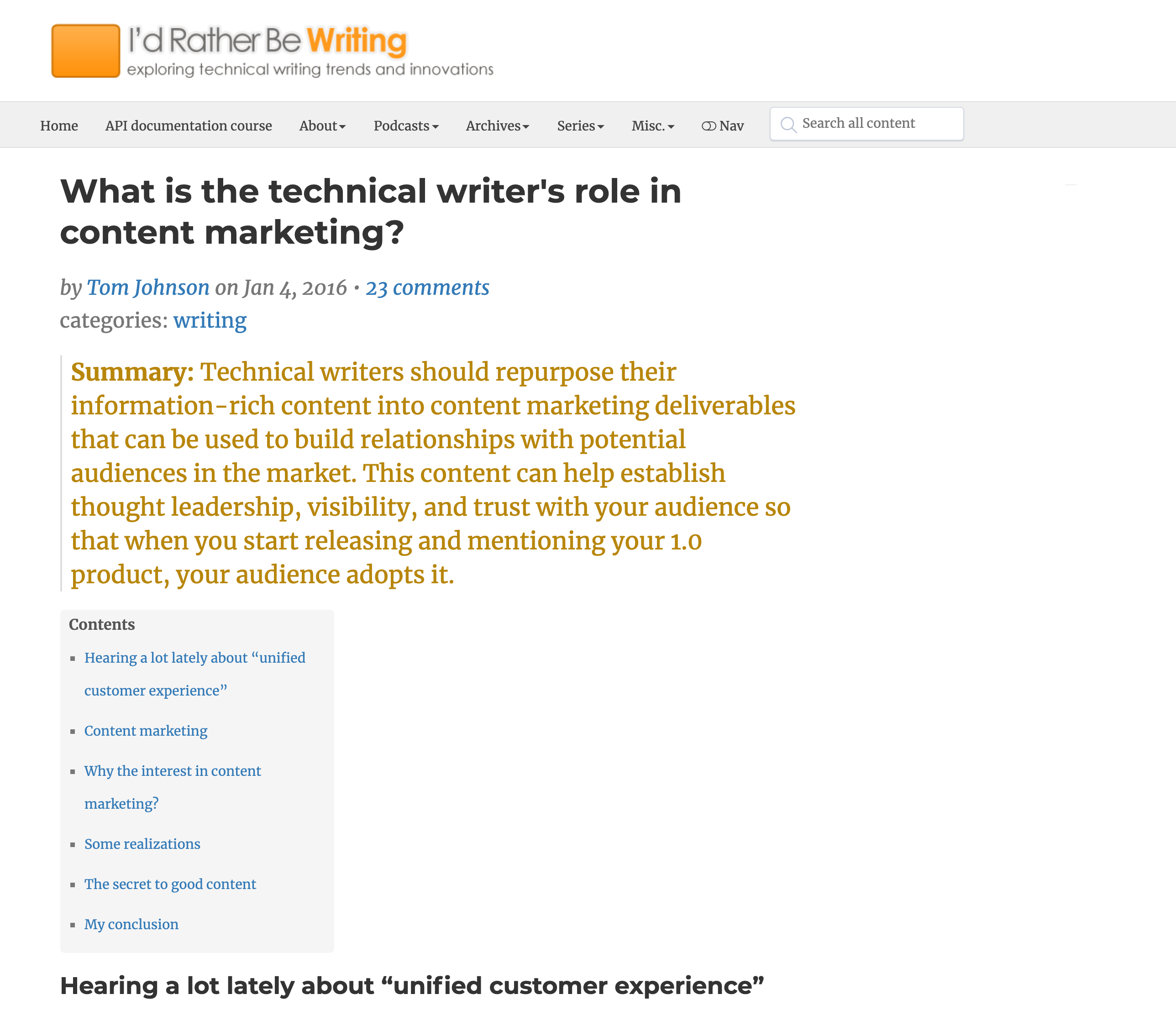 What is the technical writer's role in content marketing?