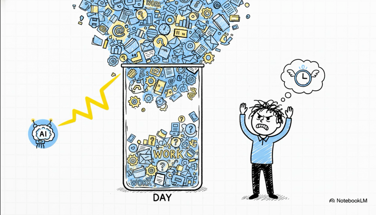 An AI robot zaps a beaker labeled 'DAY' that is already overflowing with 'WORK' icons, stressing out a nearby person.