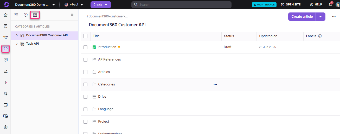Document360 API documentation workspace in portal