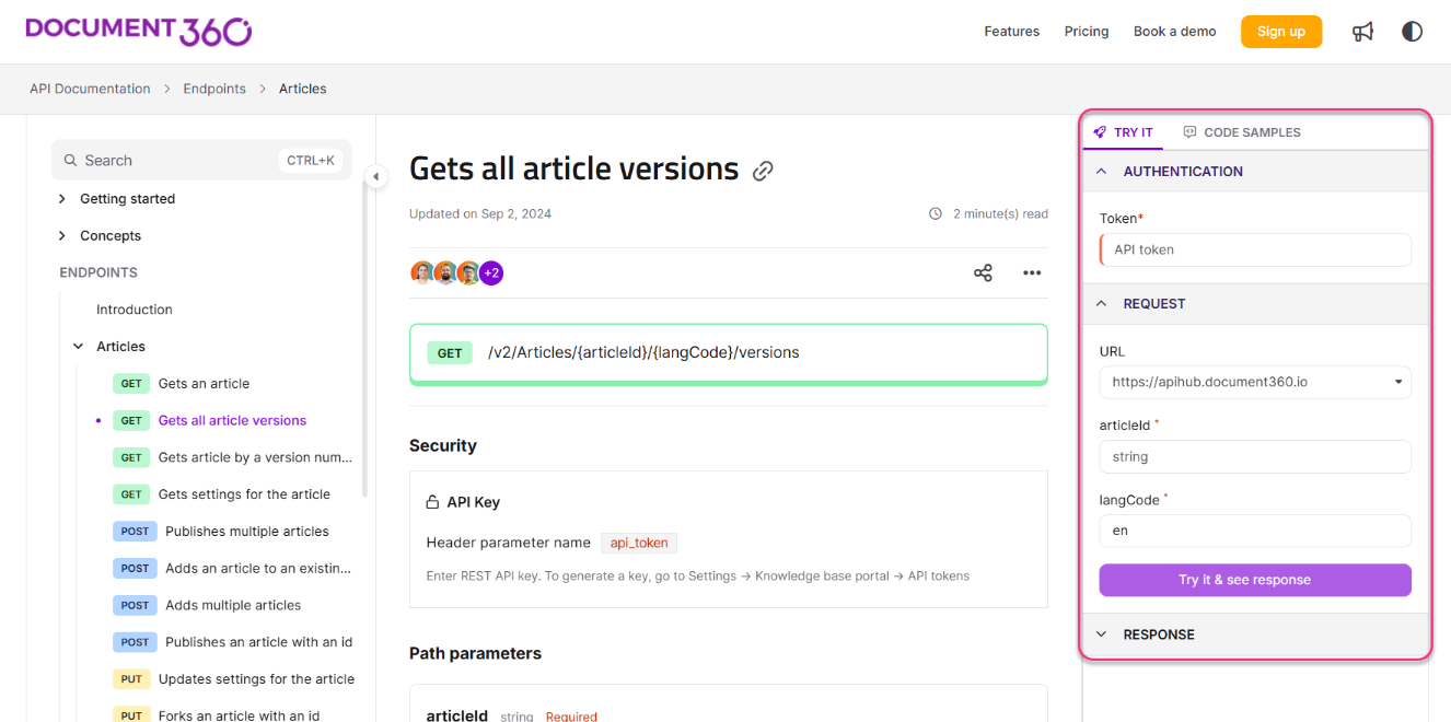 Document360 Try It authentication panel