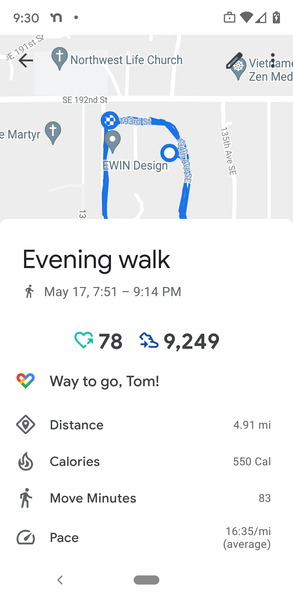 Google Fit for five mile walk