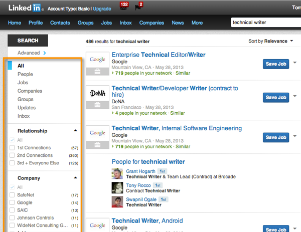 Faceted search on Linkedin