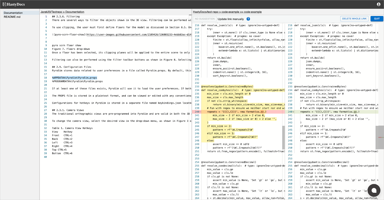 HastyDocs UI showing code diff