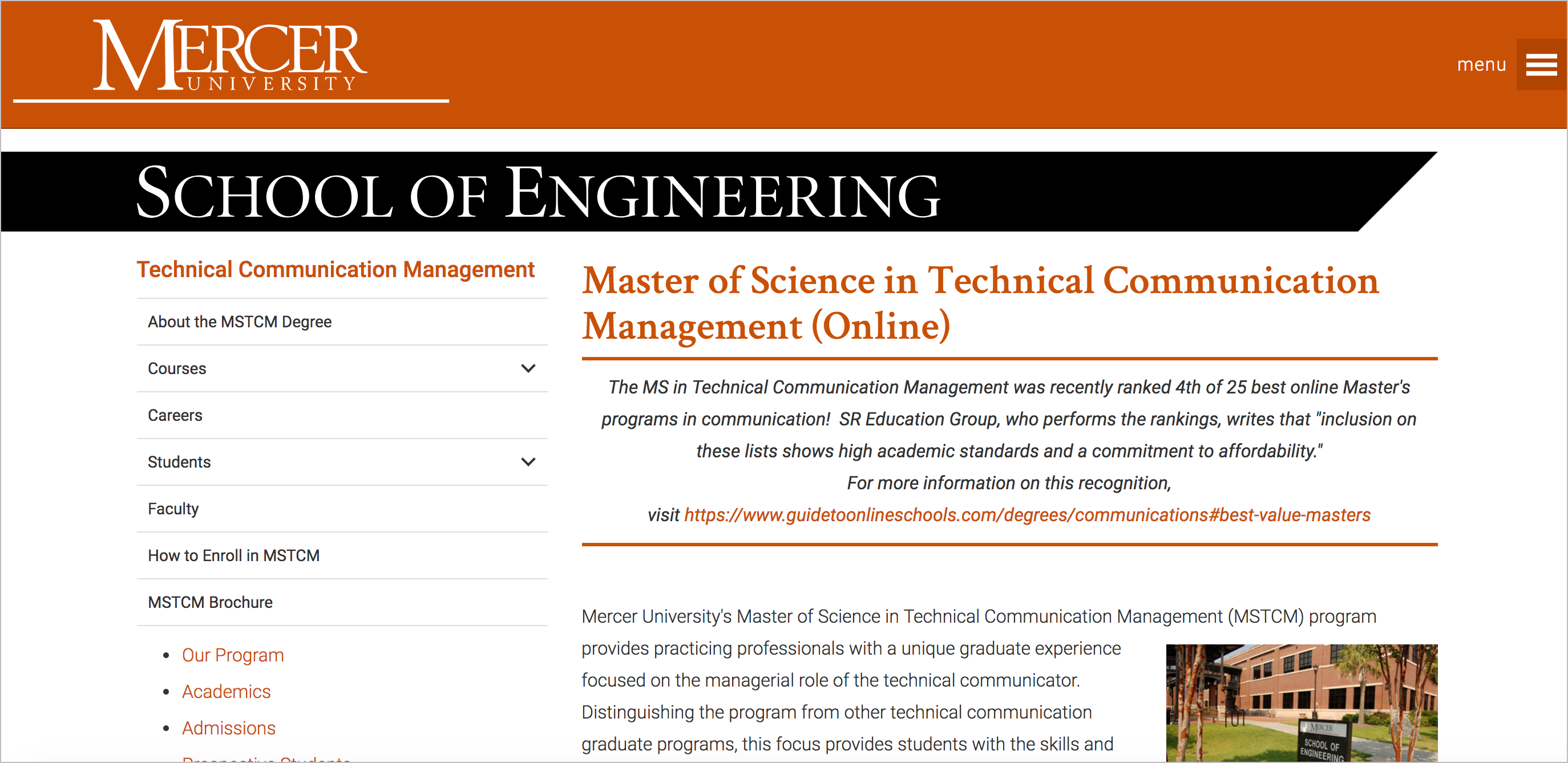 Masters in technical writing at Mercer