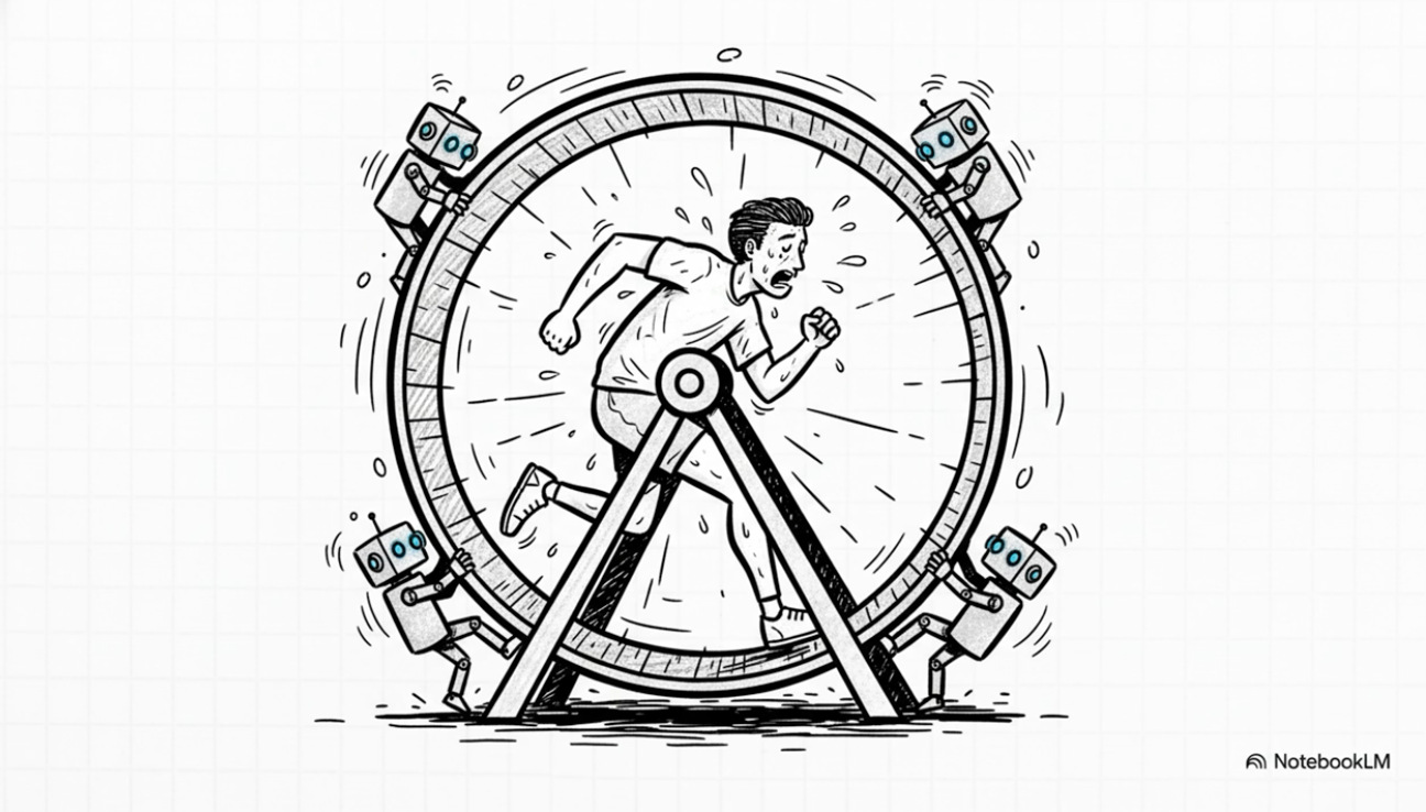 A man running inside a giant hamster wheel, with small robots on the outside.