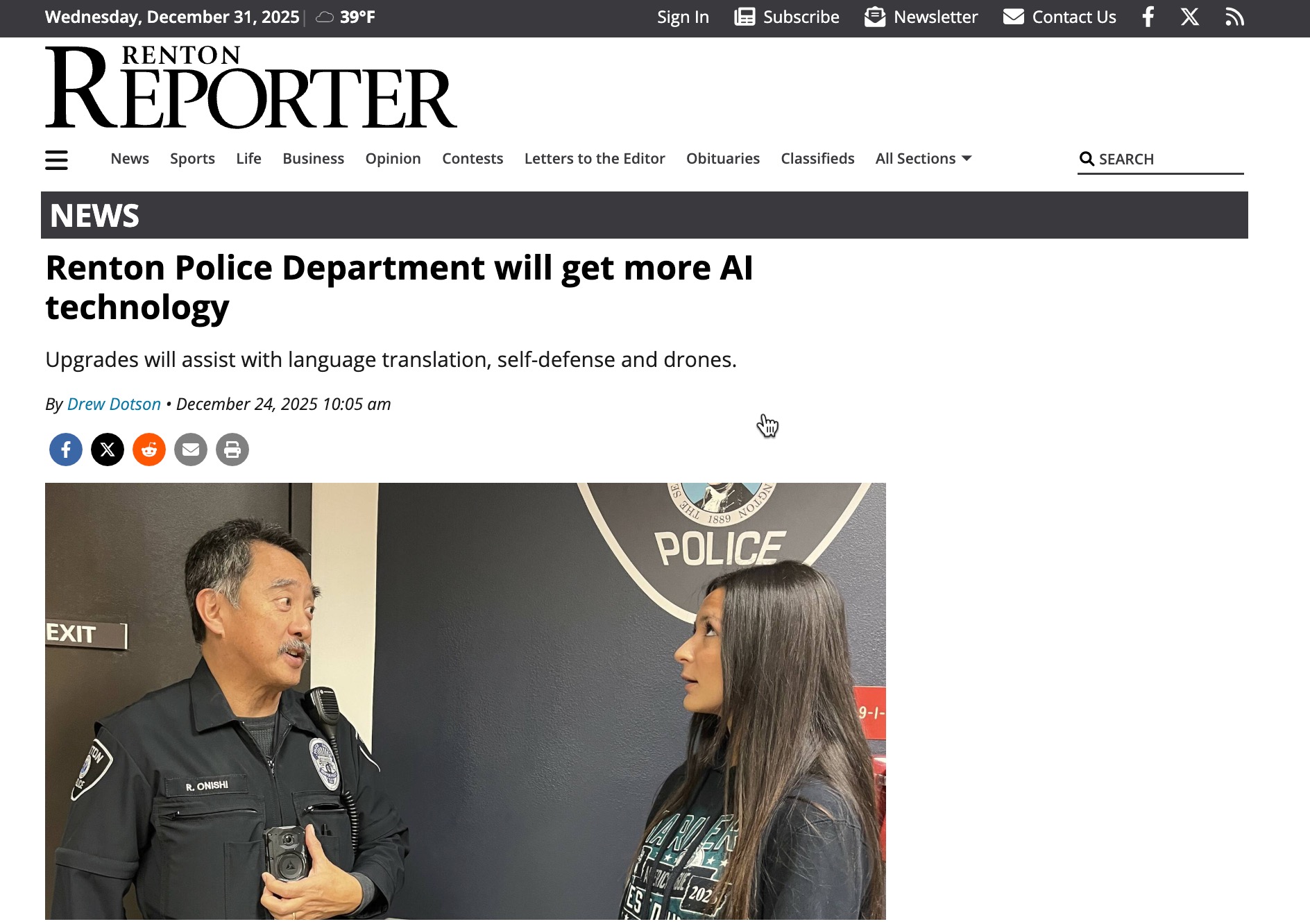 Renton Reporter article on AI in policing