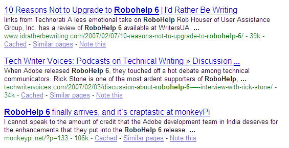 RoboHelp 6 Google search results