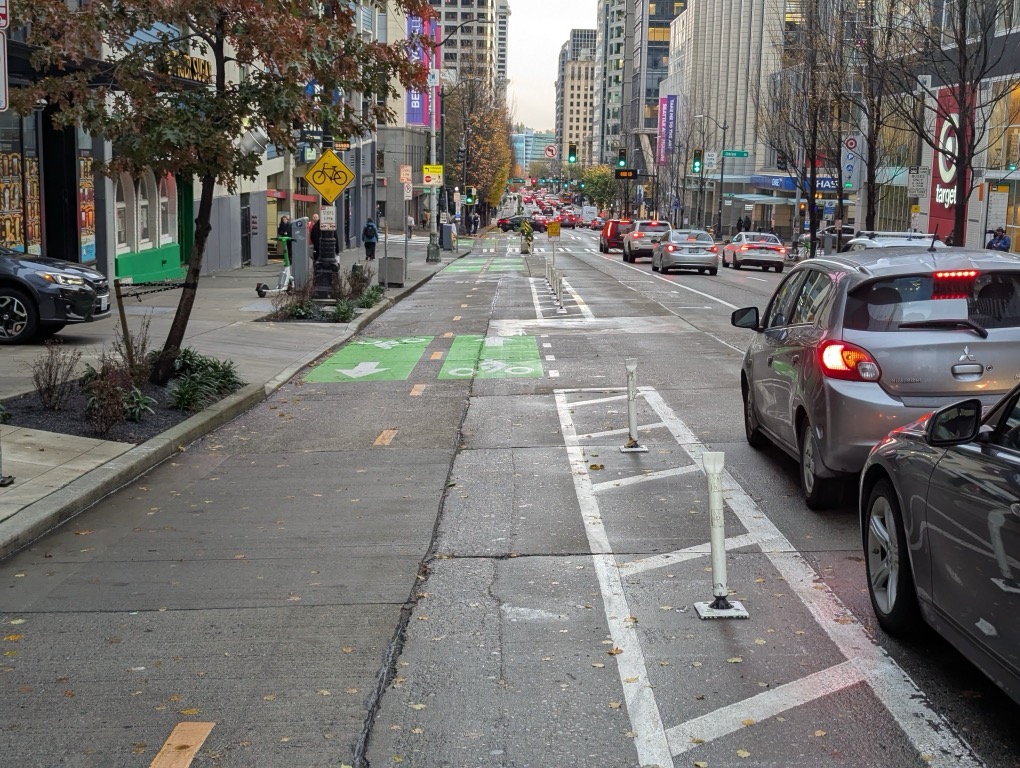 Green painted bike path