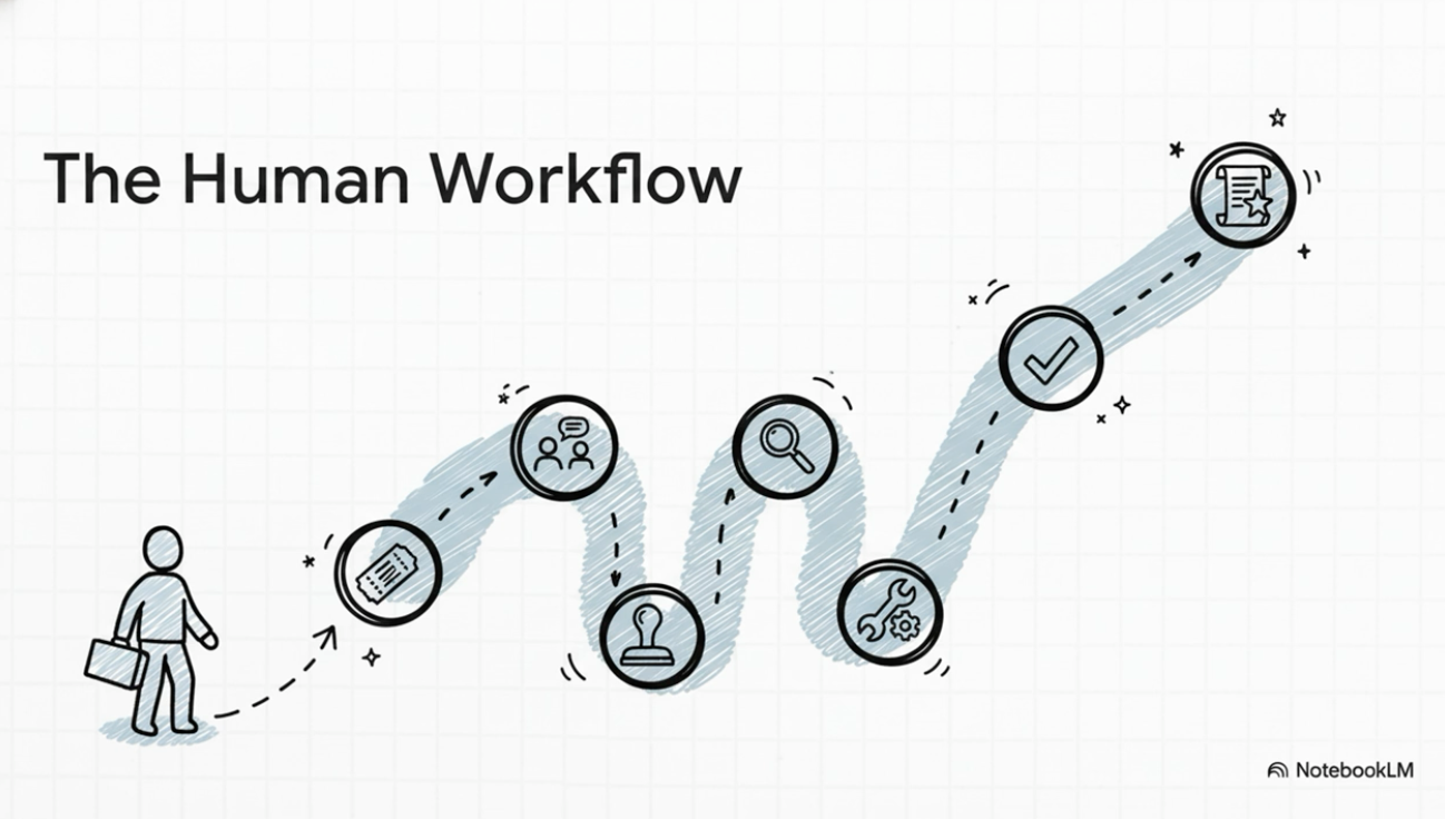 A diagram showing the winding 'Human Workflow' path, including steps for tickets, collaboration, review, and approval.