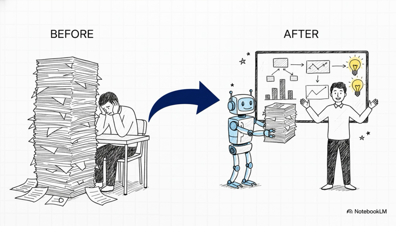 A diagram showing 'BEFORE' (a man buried in paperwork) and 'AFTER' (a robot helps the man, who is now doing strategic work on a whiteboard).