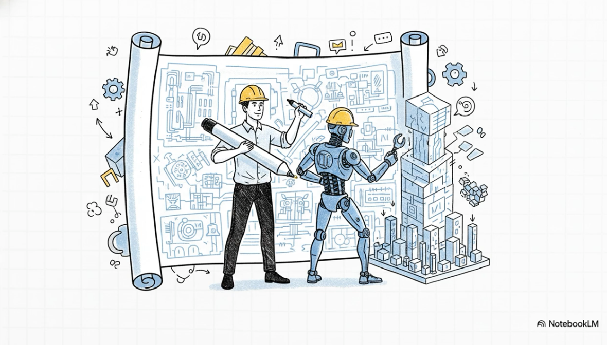 Human engineer and robot collaborating on building blueprints and architectural models together, symbolizing partnership rather than automation