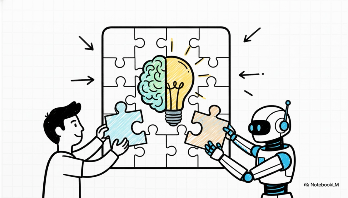 Human and robot working together to assemble a puzzle with a lightbulb in the center, symbolizing collaborative problem-solving