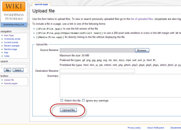 Mediawiki's file upload utility