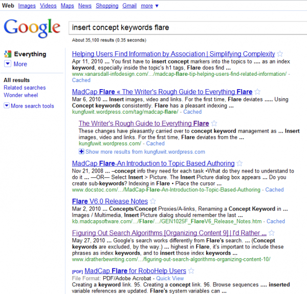 Google search results for insert concepts in Flare