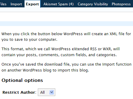 wordpress export