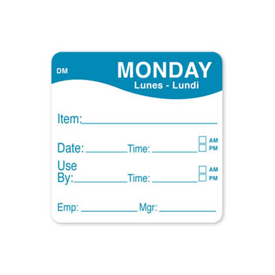 LABEL 2X2 MONDAY ITEM/DATE/USE BY DM