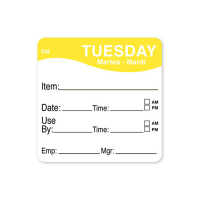 LABEL 2X2 TUESDAY ITEM/DATE/USE BY DM