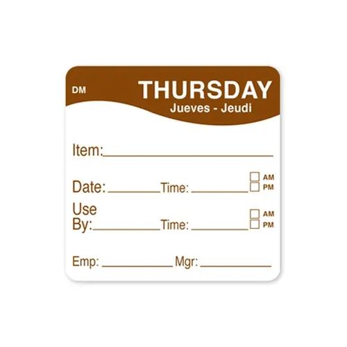 LABEL 2X2 THURSDAY ITEM/DATE/USE BY DM