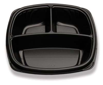 PLATE PLAST 9" 3-COMP DEEP BLK