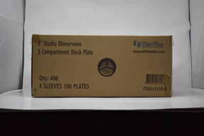 PLATE PLAST 9" 3-COMP BLK RND