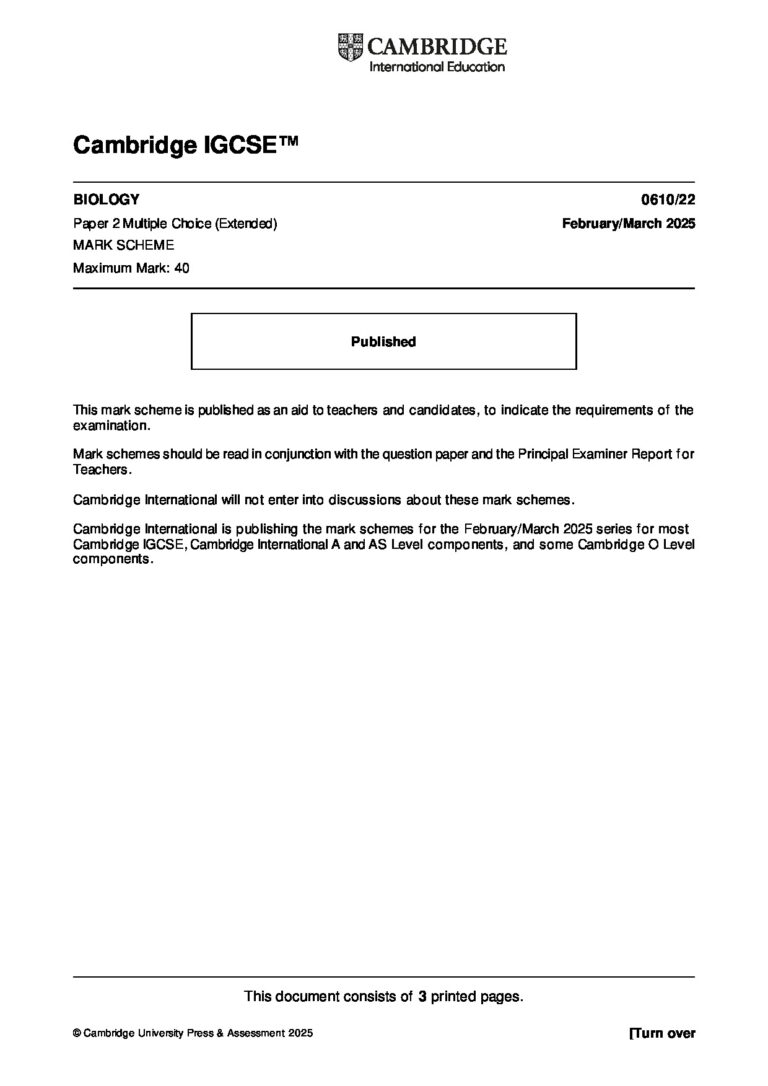 IGCSE Biology 0610/22 Mark Scheme PDF – Mar 2025