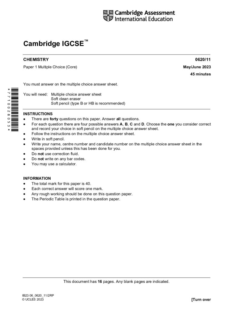 Cambridge IGCSE CHEMISTRY 0620/11 Paper 1 Multiple Choice (Core) May/June 2023
