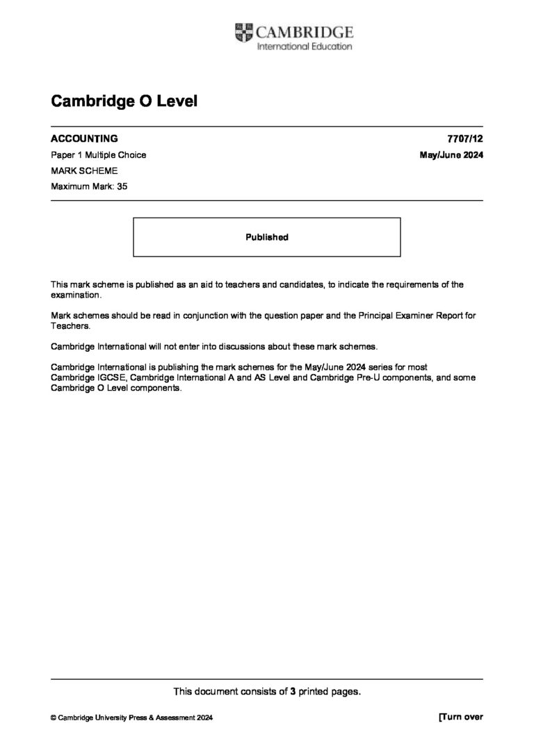 Cambridge O Level ACCOUNTING 7707/12 Paper 1 Multiple Choice May/June 2024 MARK SCHEME