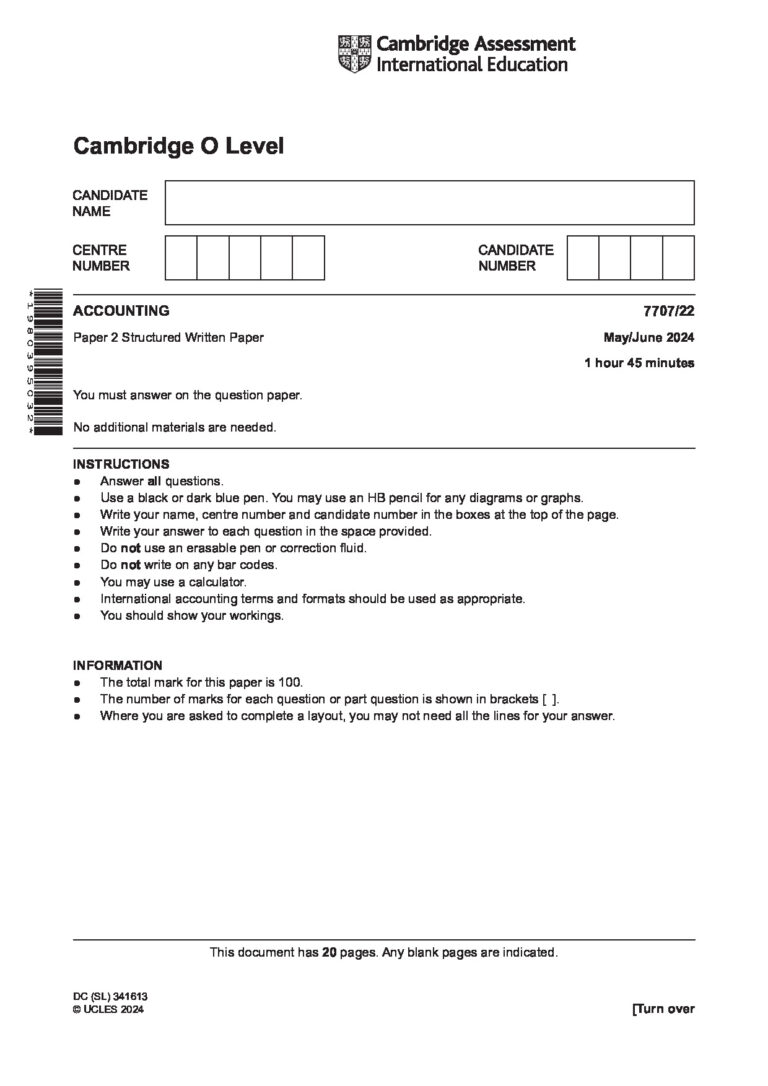 Cambridge O Level ACCOUNTING 7707/22 Paper 2 Structured Written Paper May/June 2024